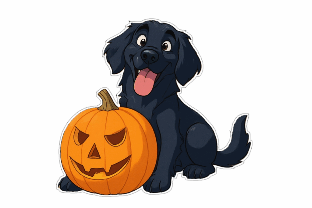 Our beautiful Flat-Coated Retriever assistant, enjoying a moment with a carved pumpkin.