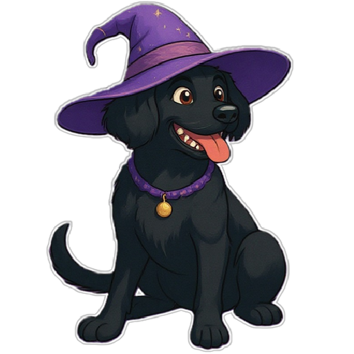 Ein schwarzer Hund mit einem lila Zauberhut und einem goldenen Anhänger.